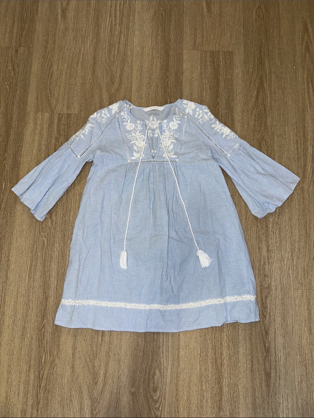 Zara Light Blue Embroidered Tassel Mini Dress
